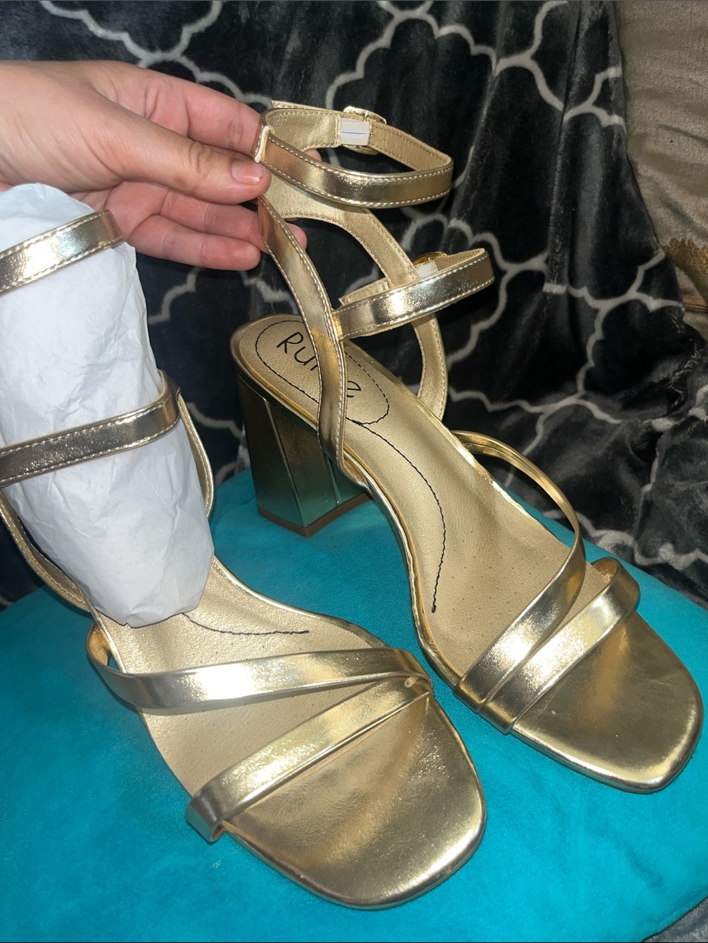 Metallic Gold Strappy Block Heel Sandals